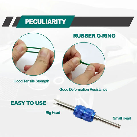 Green Rubber O Ring Kit And Car AC Valve Core Kit Set For R12 And R134a Repairs tensile strength and tool view