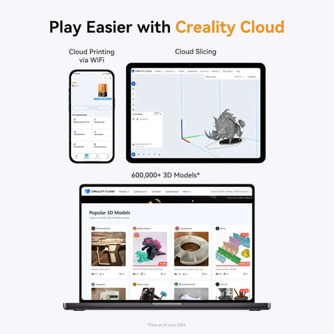 Creality Cloud screen with 3D models, cloud printing via WiFi, and slicing software on mobile and laptop for Halot R6 Resin 3D Printer