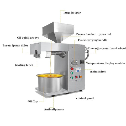 Slick Cold Press Oil Extractor For Nuts And Seeds Fully Automatic Mini Kitchen Machine with a large hopper and oil cup.