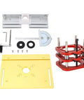Heavy Duty Steel Router Lift Base With Two Inch Travel Dead On Height Control For Carving Routing And Chamfering Tasks including aluminum and red components.