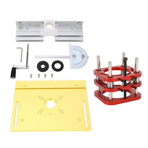 Heavy Duty Steel Router Lift Base With Two Inch Travel Dead On Height Control For Carving Routing And Chamfering Tasks including aluminum and red components.