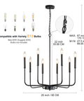Diagram of Eight Light Black Industrial Candle Chandelier For Dining Room And Kitchen Island showing size and chain details.