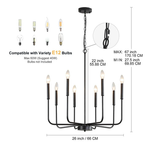 Diagram of Eight Light Black Industrial Candle Chandelier For Dining Room And Kitchen Island showing size and chain details.