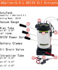 Game Changing 12V DC Oil Extractor Pump With 6 Liter Tank, showing reservoir, hoses, and vacuum gauge for easy engine fluid extraction.