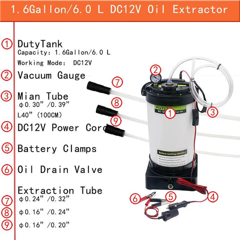 Game Changing 12V DC Oil Extractor Pump With 6 Liter Tank, showing reservoir, hoses, and vacuum gauge for easy engine fluid extraction.