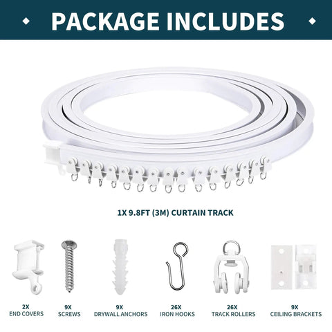 Flexible Bendable Ceiling Curtain Track Kit 9.8 Ft White With 26 Rollers 9 Brackets End Covers Hooks Drywall Anchors And Screws For Easy Install Ideal For Living Rooms Bedrooms And Home Theaters, coiled with included hardware