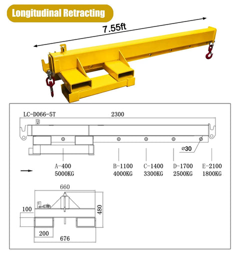 Top Tier Badass 5 Ton 11000 Lb Bidirectional Adjustable Crane Boom Forklift Attachment with 7.55ft length for heavy lifting.
