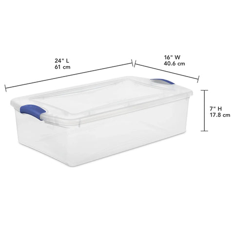 32 Quart Clear Storage Bin With Lid 2 Pack, Transparent Plastic Box, Blue Latch, 24" x 16" x 7" dimensions shown.
