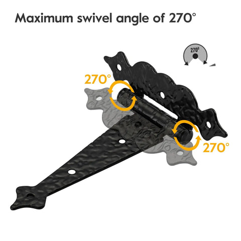 Heavy Duty T Strap Gate Hinges 6 Inch Decorative Hammered Finish Rust Proof Steel showing maximum 270° swivel angle.