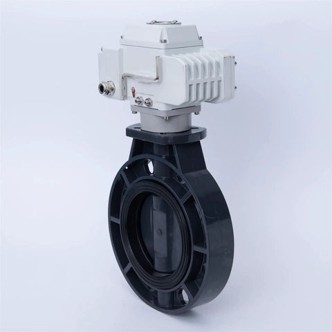 Motorized UPVC Pneumatic Wafer Type Electric Valve For Water Liquid Steam Gas Oil From DN40 To DN300 Heavy Duty Beefed Up 12V DN80 Size 1Pcs Easy Install Industrial Grade Flow Control Valve, black body