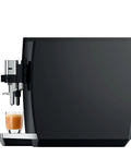 Next Level One Touch Automatic Coffee Maker In Slick Piano Black Finish featuring espresso shot in glass.