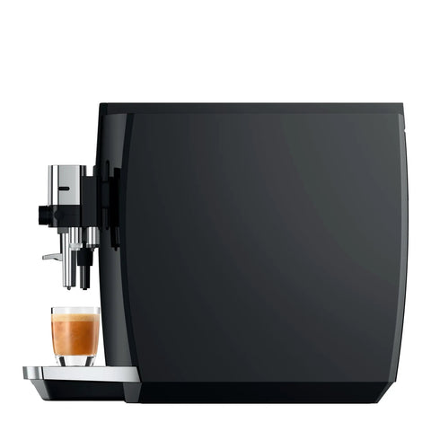 Next Level One Touch Automatic Coffee Maker In Slick Piano Black Finish featuring espresso shot in glass.
