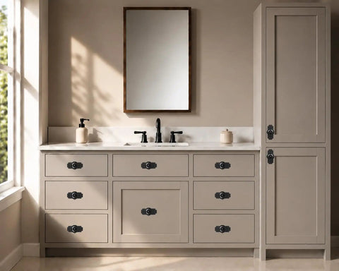 Four Pack Matte Black Cabinet Knobs With Sleek Backplates Showcasing Vintage Floral Petal Details on a modern kitchen vanity.