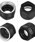 Heavy Duty Pack Of 5 ER16A Collet Chuck Nuts For CNC Milling Lathes Precision Ground Hardened Steel With Oxidized Black Finish Rust Proof Grip shown from multiple angles.