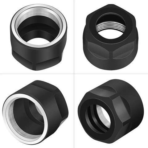 Heavy Duty Pack Of 5 ER16A Collet Chuck Nuts For CNC Milling Lathes Precision Ground Hardened Steel With Oxidized Black Finish Rust Proof Grip shown from multiple angles.