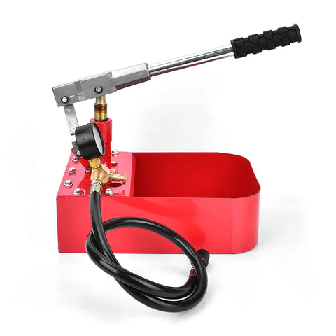 Manual hydraulic pressure test pump, side view, 1000 PSI, red base with gauge and black hose for pipe/valve testing