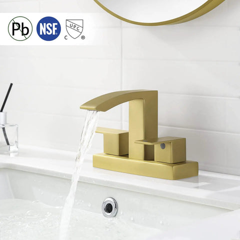 8 Inch Widespread Bathroom Faucet With Two Handles Matte Black Finish Dope Modern Look SUS304 Stainless Steel Waterfall Sink Faucet For 3 Hole Installation Rustproof Corrosion Resistant Durable Bath Vanity Accessory in gold color