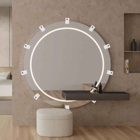 Clear Plastic Mirror Clips secure a large round mirror with metal screws, ideal for wall cabinet or picture frame installation.
