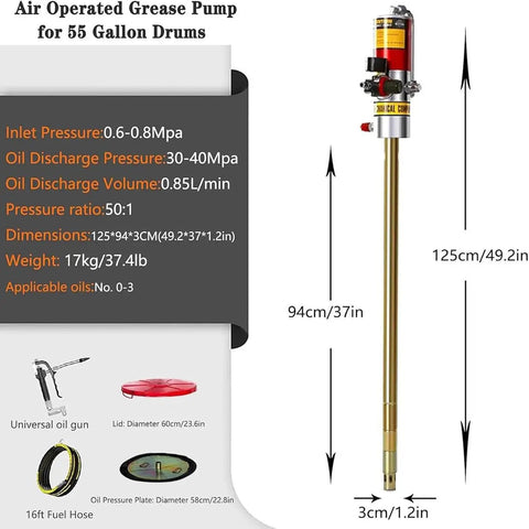 Heavy Duty High Pressure Grease Pump That Runs Like A Dream On 55 Gallon Drums With 16 Foot Hose And Pneumatic Grease Gun 50 To 1 Ratio, showing dimensions and components.