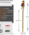 Heavy Duty Pneumatic Grease Pump With 16 Foot Hose And Universal 55 Gallon Drum Cap, showcasing detailed specifications and dimensions.