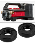 Side view of two black 8x18x5 mm rotary shaft oil seals beside a red and black transfer pump.
