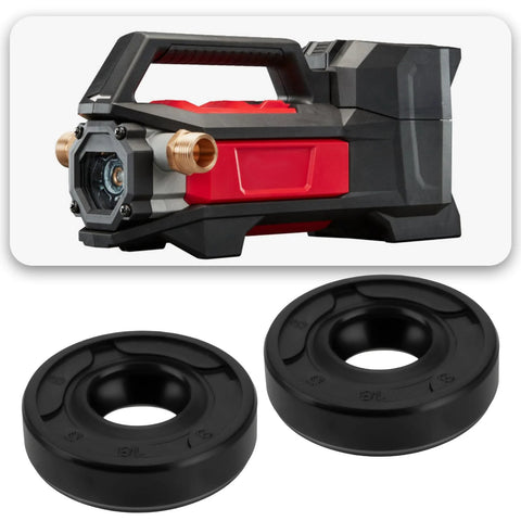 Side view of two black 8x18x5 mm rotary shaft oil seals beside a red and black transfer pump.