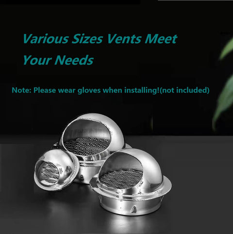 Various sizes of 8 Inch Stainless Steel Wall Vent Cover With Round Exhaust Grille For Ventilation Outlet And Dryer Hood External Extractor Easy To Install Fits 8 Inch HVAC Ducts Wall Or Ceiling Mount Durable Airflow Solution displayed.