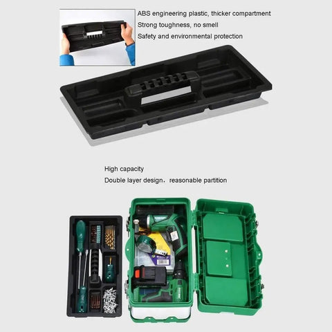 Portable Stainless Steel Toolbox With Double Layer Design, Organizer Tray And Lock, showing compartments for tools