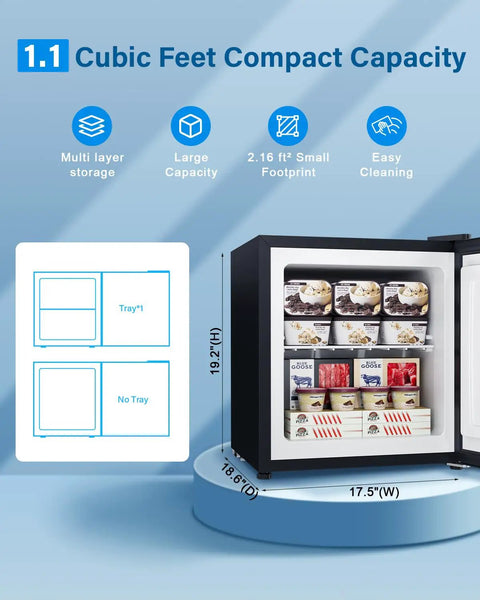 Bad Boy 1.1 Cubic Foot Mini Freezer Black Upright Compact Cold Storage Appliance with adjustable shelving and small footprint.