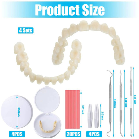 DIY Denture Repair Kit For Fake Teeth 35 Piece Set With Dental Tools Tweezers Containers And Dental Tape shown with product sizes.