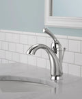 Chrome Haywood Single Hole Bathroom Faucet with One Handle next to sink, featuring Diamond Seal Technology and InnoFlex PEX supply lines.