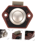 Close-up view of Keyless Push Button Door Latch Lock For Rv Cabinets And Drawers Low Profile Build Heavy Duty Zinc Alloy Hardware.