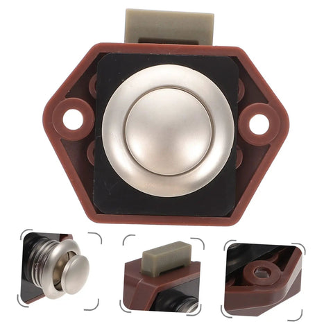 Close-up view of Keyless Push Button Door Latch Lock For Rv Cabinets And Drawers Low Profile Build Heavy Duty Zinc Alloy Hardware.
