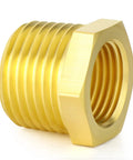 Close-up of Ten Piece Brass Hex Bushing Reducer 1/2 Inch NPT Male To 1/4 Inch NPT Female Pipe Fitting, brass connector for plumbing