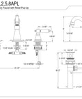 Technical diagram of American Patriot Widespread Lavatory Faucet in Polished Chrome with dimensions for 8-16 inch widespread installation