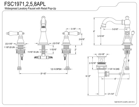 Technical diagram of American Patriot Widespread Lavatory Faucet in Polished Chrome with dimensions for 8-16 inch widespread installation