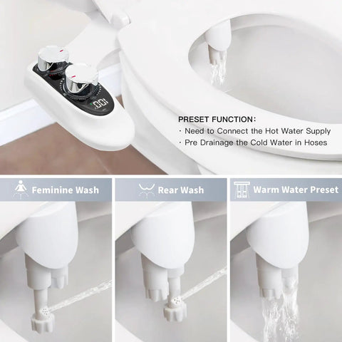 Non Electric Manual Bidet Attachment For Toilet With Temperature Display Warm Water From Hot Water Hookup Dual Nozzles