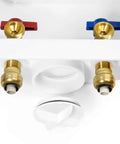 Washing Machine Box With Center Drain And Snap On Frame For Drywall Up To One Inch White Includes Preinstalled Support Bracket And Two Disconnect Clips Measures 9.25 In By 3.5 In By 8 In Half Inch Push Fit Inlet And Three Quarter Inch Outlet. white washing machine box with brass inlets and drain opening