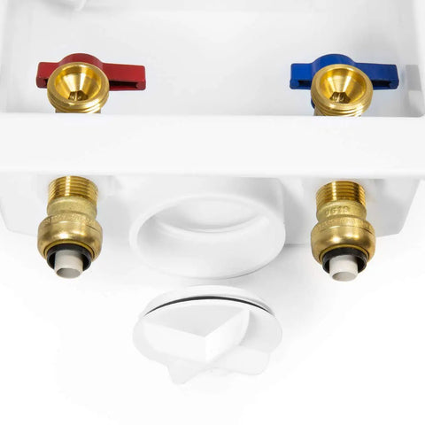 Washing Machine Box With Center Drain And Snap On Frame For Drywall Up To One Inch White Includes Preinstalled Support Bracket And Two Disconnect Clips Measures 9.25 In By 3.5 In By 8 In Half Inch Push Fit Inlet And Three Quarter Inch Outlet. white washing machine box with brass inlets and drain opening