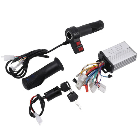 350W Electric Motor Controller Kit With Efficient Heat Dissipation For E Bikes Trikes And Motorcycles Aluminum Alloy Housing Rubber Brushed Throttle Grip Ignition Switch With 2 Keys Ride Ready Safe Reliable Integration components displayed