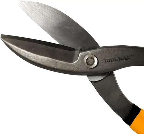 Close-up of Tin Snips 10 Inch Straight Pattern Tinners Snips With Comfort Grip, showing durable high carbon steel blades.