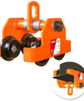 Beefy One Half Ton Beam Trolley With Dual Wheels 1100 LBS Capacity Adjustable I Beam Trolley close-up view of orange trolley with dual wheels
