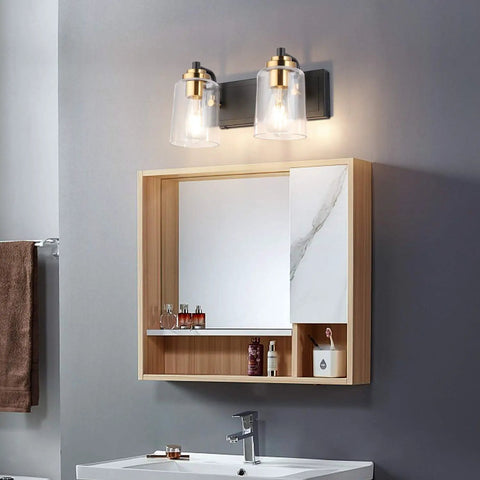 20.1 Inch Black Vintage Bathroom Vanity Light With Modern Glass Globe Shade Brass Wall Lamp installed above mirror