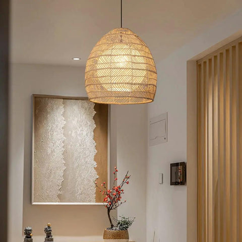 Rattan Wicker Pendant Light Lampshade Basket Ceiling Chandelier Boho Home Decor in kitchen setting, 13.7 Inch Diameter