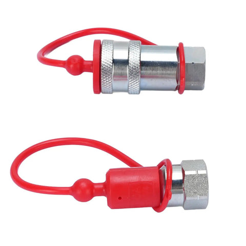 Heavy Duty Hydraulic Quick Connect Coupler One Quarter Inch Npt 4000 Psi Hardened Steel Fitting Dust Caps Included Leak Proof Secure Lock Works Well For Big Tasks Demand Real Deal Specs And Kick Ass Performance. red cap