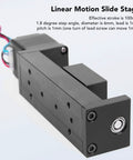 100mm Stroke Linear Slide Table For CNC Router And Optical Measurement, 28 Stepper Motor, Single Rail Linear Motion Stage, 1.8 Degree Step Angle, Beefy Alloy Construction For Ultra Solid Precision And Vibration Dampening, dark alloy body with wired end