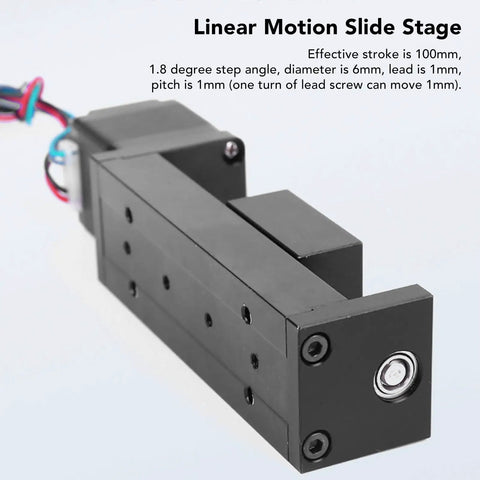 100mm Stroke Linear Slide Table For CNC Router And Optical Measurement, 28 Stepper Motor, Single Rail Linear Motion Stage, 1.8 Degree Step Angle, Beefy Alloy Construction For Ultra Solid Precision And Vibration Dampening, dark alloy body with wired end