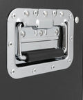 Detail of the handle on the 14U DJ Rack Case With Heavy Duty Reinforced Frame And Tough As Nails Mobility Setup.