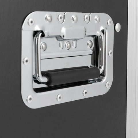Detail of the handle on the 14U DJ Rack Case With Heavy Duty Reinforced Frame And Tough As Nails Mobility Setup.