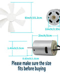 6 Inch RV Vent Fan Motor Replacement With Blade, 12V D Shaft, includes motor dimensions for camper or motorhome vent fan installation.